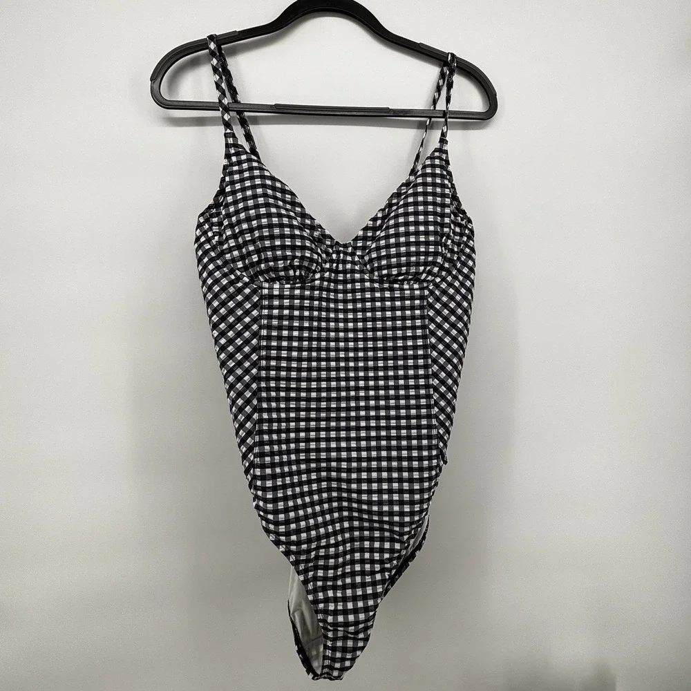 Tory Burch Women's Gingham Check Blue White Underwire One Piece Swimsuit XL